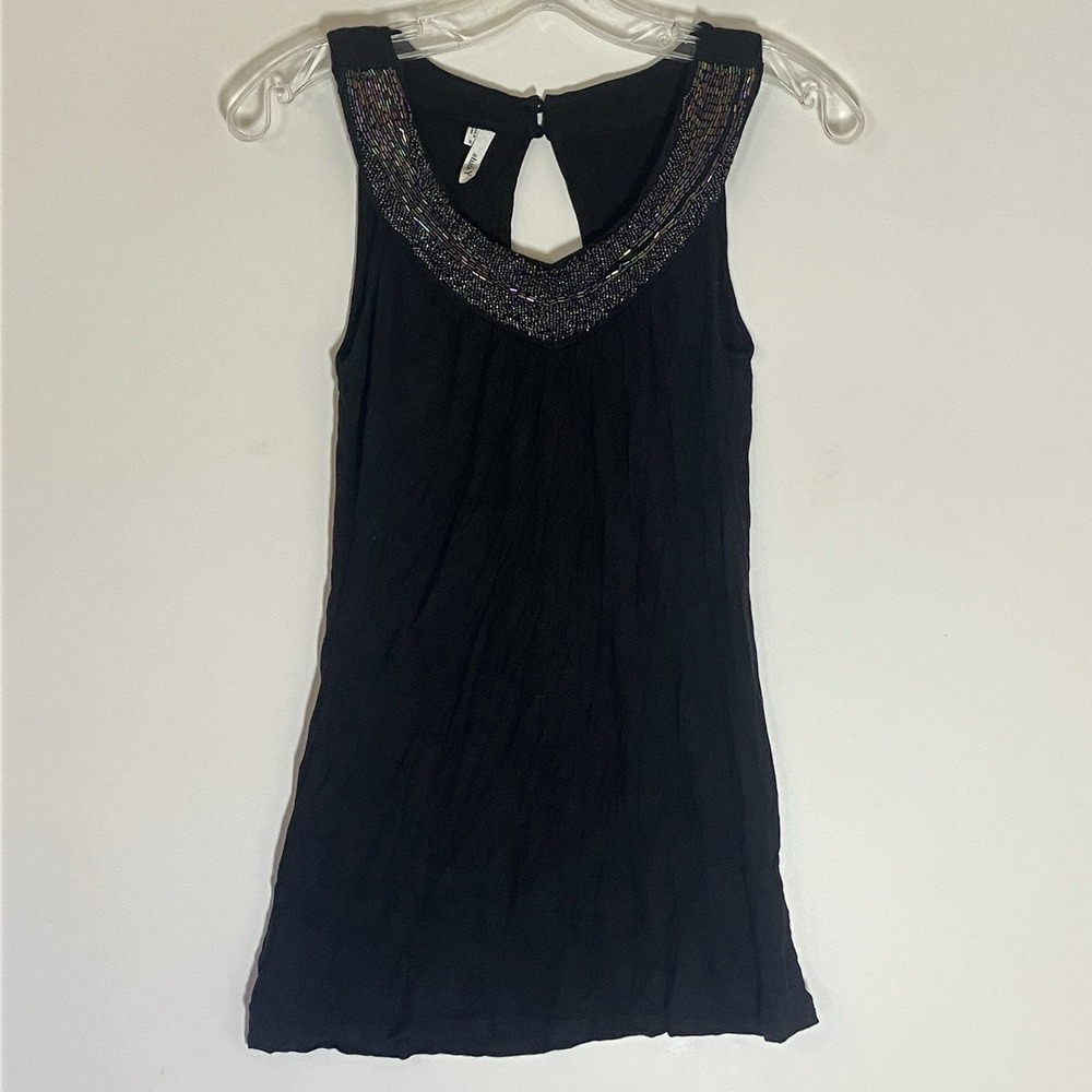 Studio Y Top Womens Small Black Multicolor Rainbow Beaded V Neck Tunic Boho Y2K